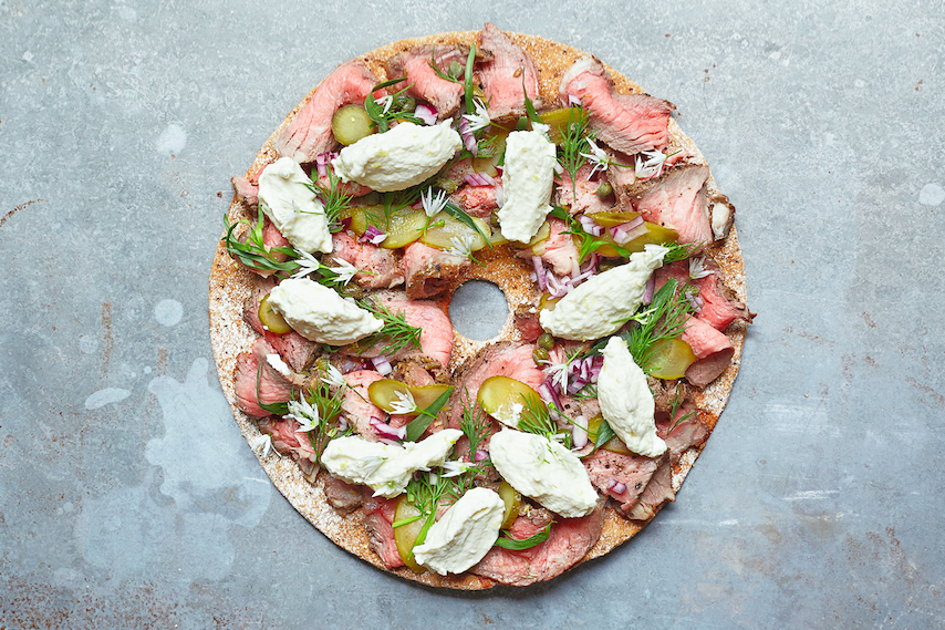 Valentine Warner roast beef and wild garlic crispbread