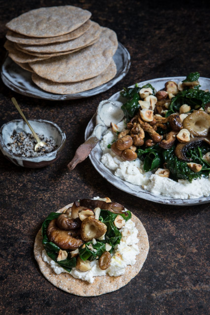 Ricotta cavolo nero mushroom dip on crispbread