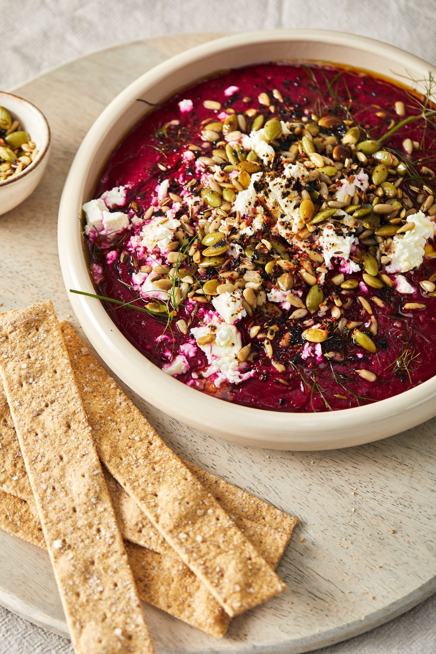Blitzed beetroot with spiced seeds, dill and feta with peters yard sea salt flatbreads recipe by Claire Thomson