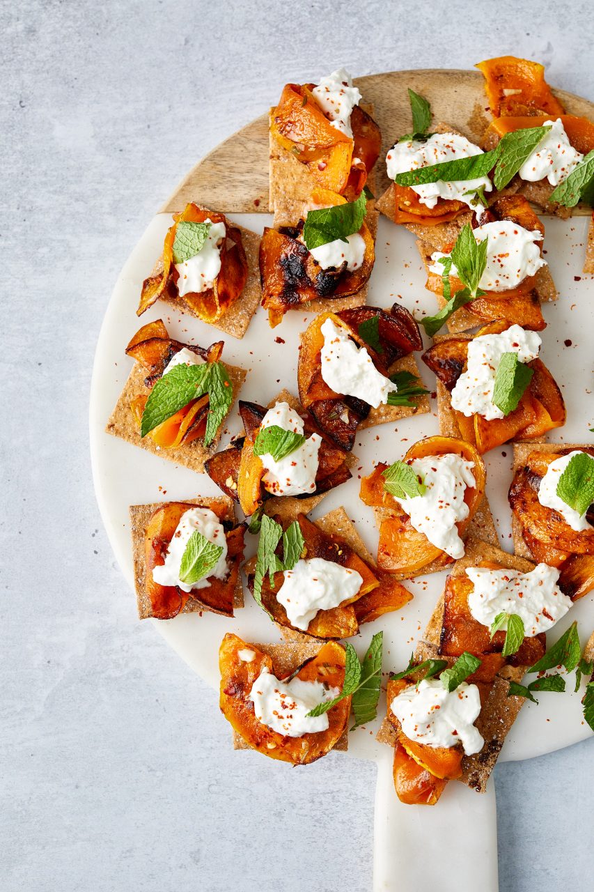 Fried Squash with Vinegar and Mint on Peter’s Yard Fig and Spelt Crackers with Burrata by Claire Thomson