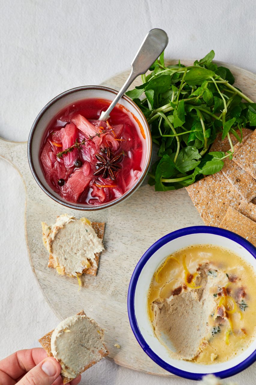 Pickled Rhubard and Mackerel Pate with Peter's Yard Crackers Vertical Photo